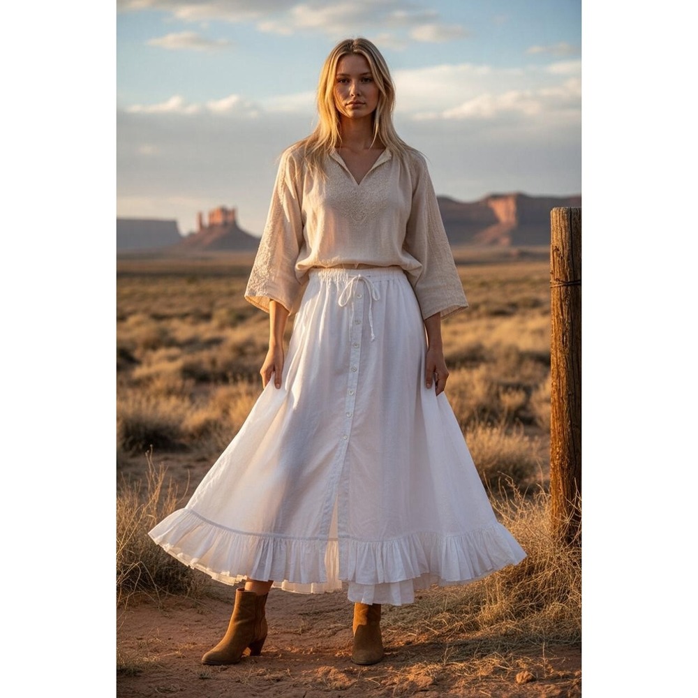 London Jean Maxi Skirt Sz 10 White Linen Button Front Ruffle Hem Boho Cottage